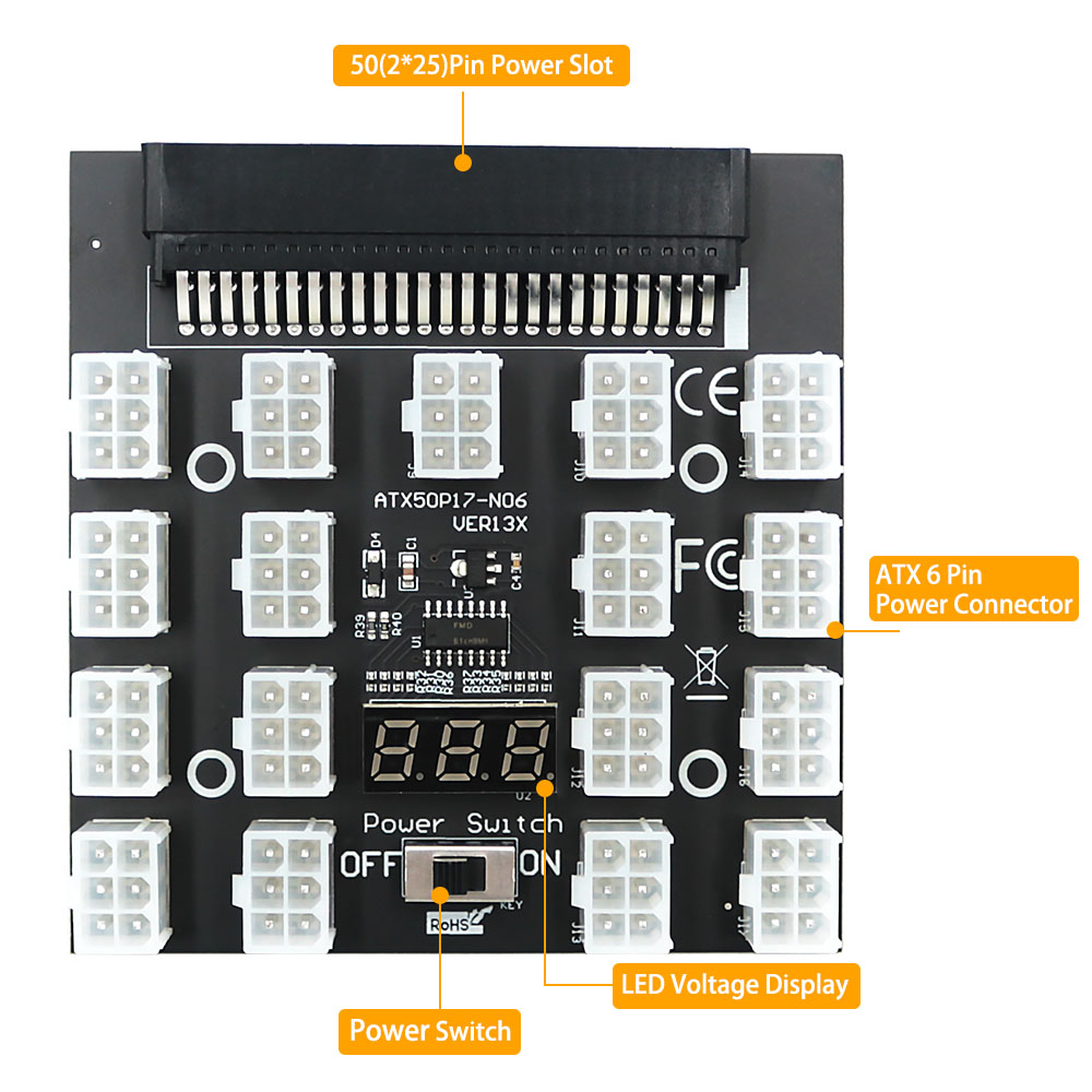 PCI-E 12В 50Pin до ATX 17 x 6P – обзор и цена 2400W Server Psu Breakout Board